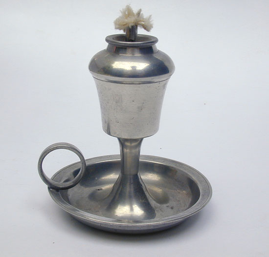 A Small Antique Unmarked American Pewter Saucer Base Fluid Lamp