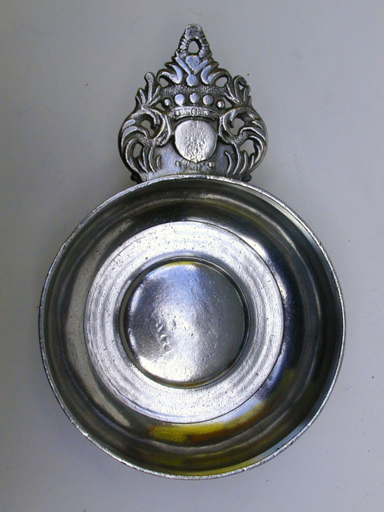 A Scarce Unmarked American Pewter Spline Handle Porringer from the Belcher/Danforth Molds