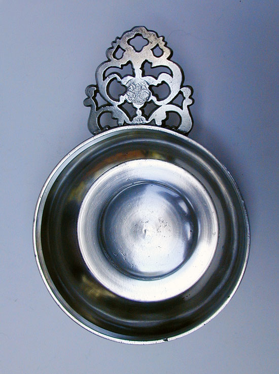 A Near Mint Pewter Flower Handle Porringer by Samuel Hamlin, Sr.